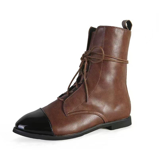 (⏳NOW ON: 70% OFF Sale! 🔥)Women’s Tall Lace-Up Fall Boots – Mixed Texture Cap-Toe Short Boots