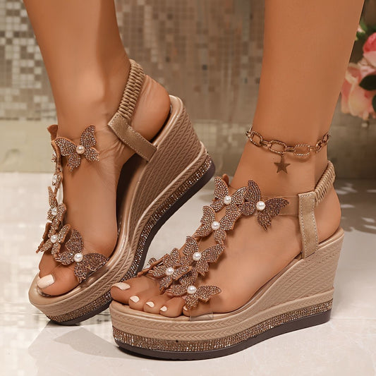 Women's Rhinestone Butterfly Wedge Sandals with Arch Support
