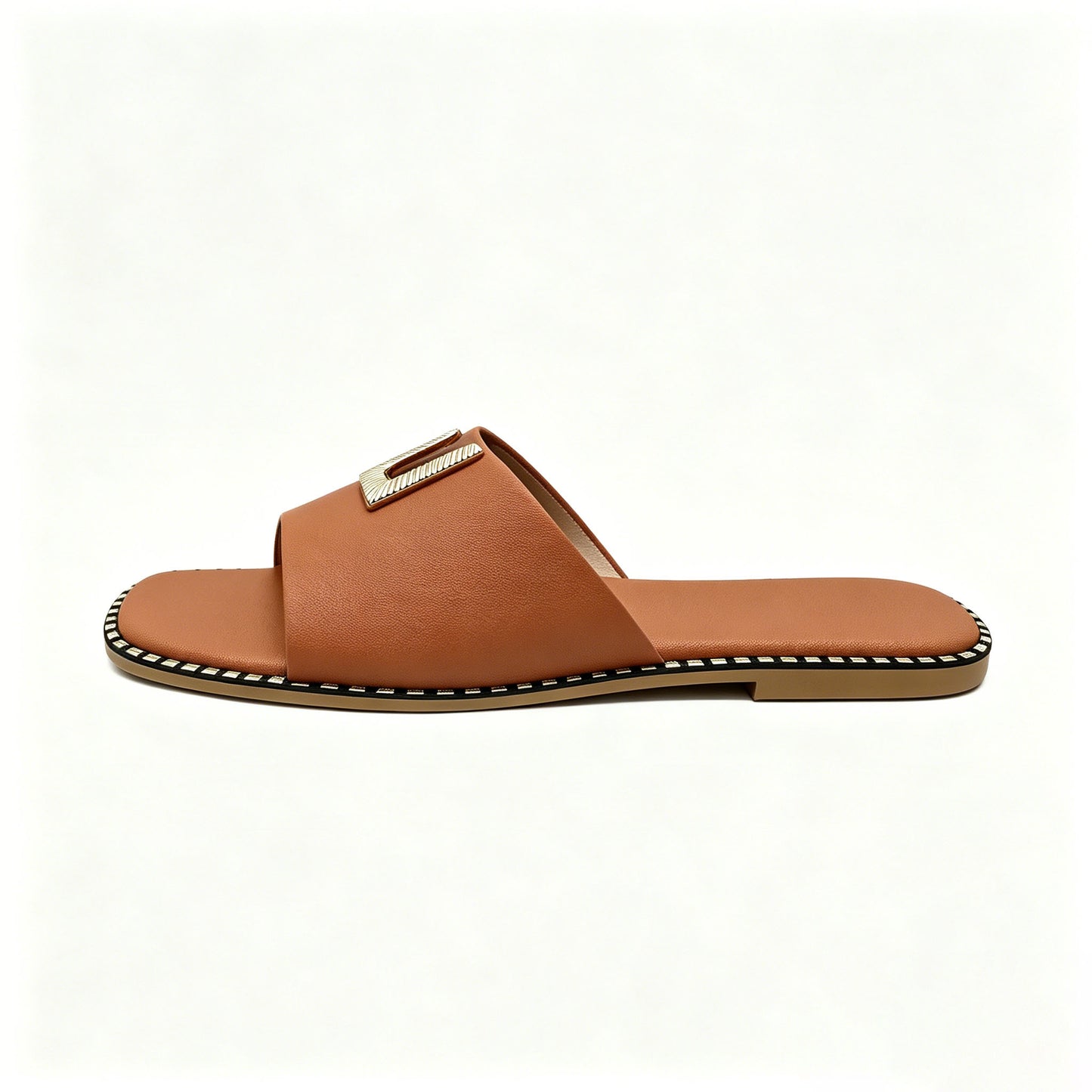 Womens Casual Flat Slide Sandals, Fashion Metal Ornament Soft Comfort Walking Sandals For Beach Shopping Vacation Daily Wear