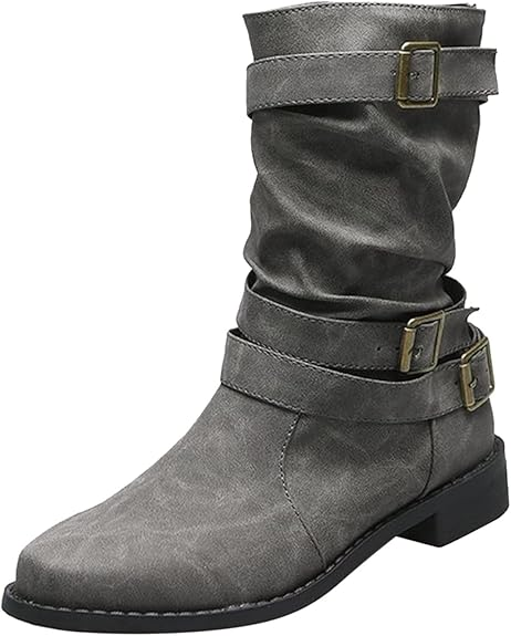 (⏳NOW ON: 70% OFF Sale! 🔥)Fashion Wide Calf Boots Women Leather Square Heels Zipper Round Toe Mid Boots Shoes Outdoor Casual Hiking Boots