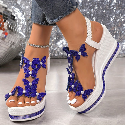 Women's Rhinestone Butterfly Wedge Sandals with Arch Support
