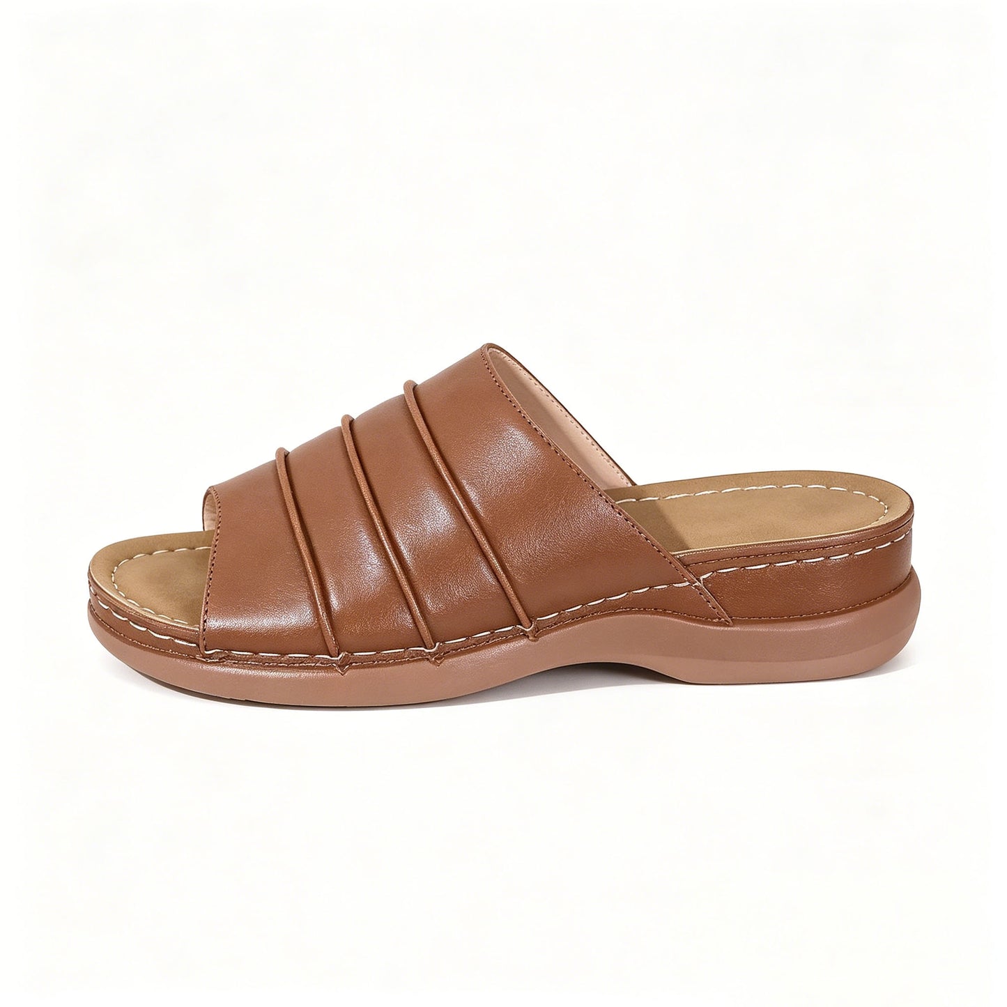 Women's Casual Leather Slide Sandals, Orthopedic Platform Slippers with Arch Support, Non-Slip Summer Shoes for Daily Wear & Beach