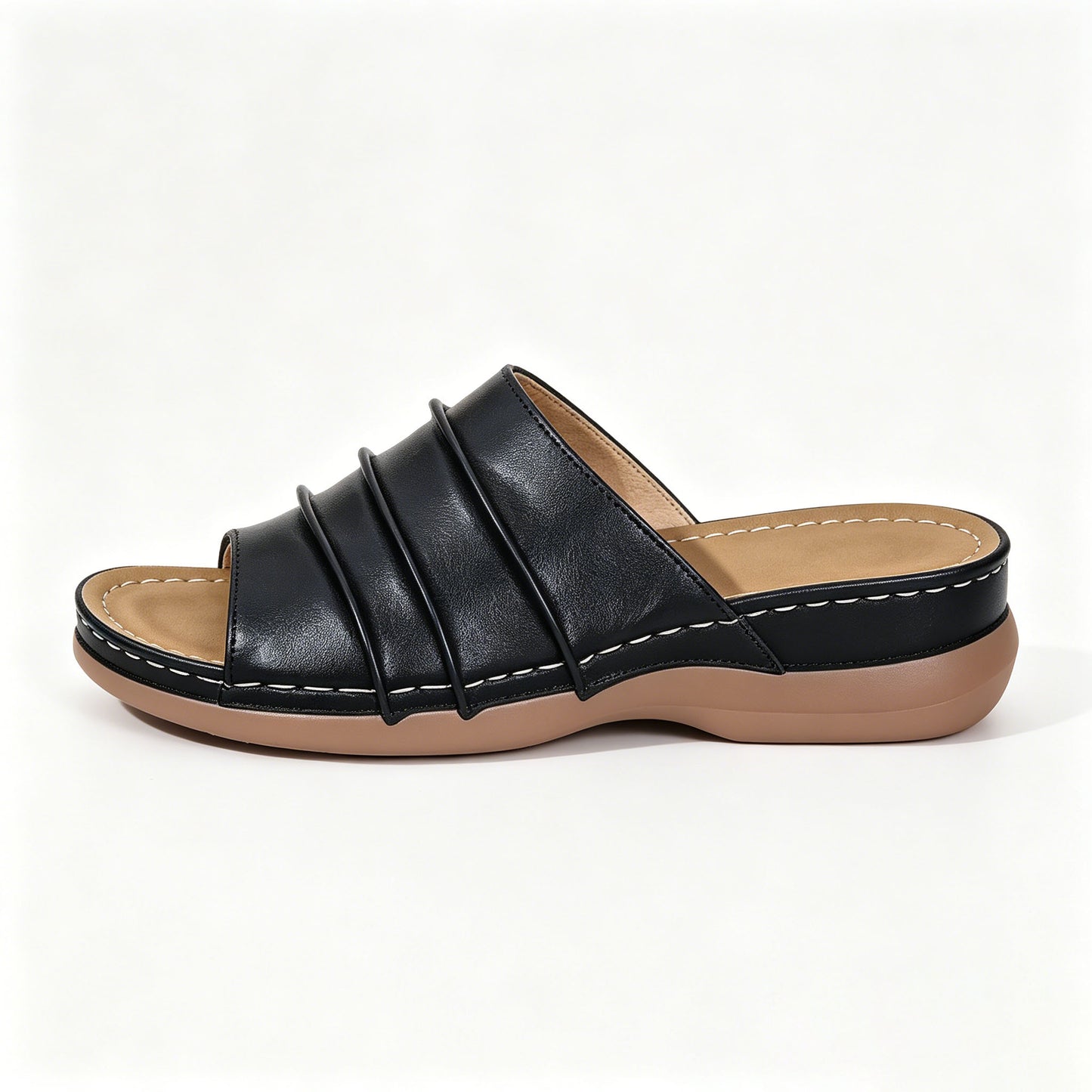 Women's Casual Leather Slide Sandals, Orthopedic Platform Slippers with Arch Support, Non-Slip Summer Shoes for Daily Wear & Beach