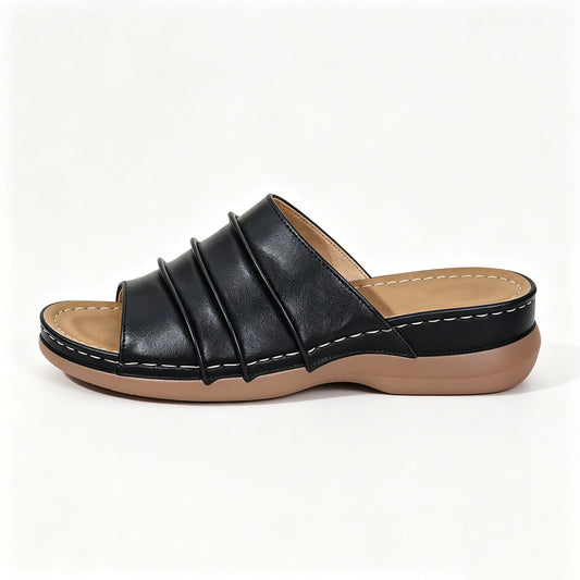 Women's Casual Leather Slide Sandals, Orthopedic Platform Slippers with Arch Support, Non-Slip Summer Shoes for Daily Wear & Beach