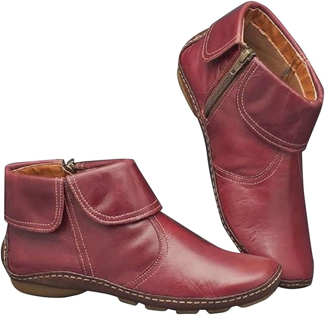 (⏳NOW ON: 70% OFF Sale! 🔥)Retro Women Walking Arch Support Boots Faux Leather Zip Flat Ankle Booties Shoes