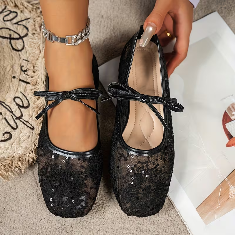 Hidden Wedge Mary Janes – Lace Ballet Flats for Women