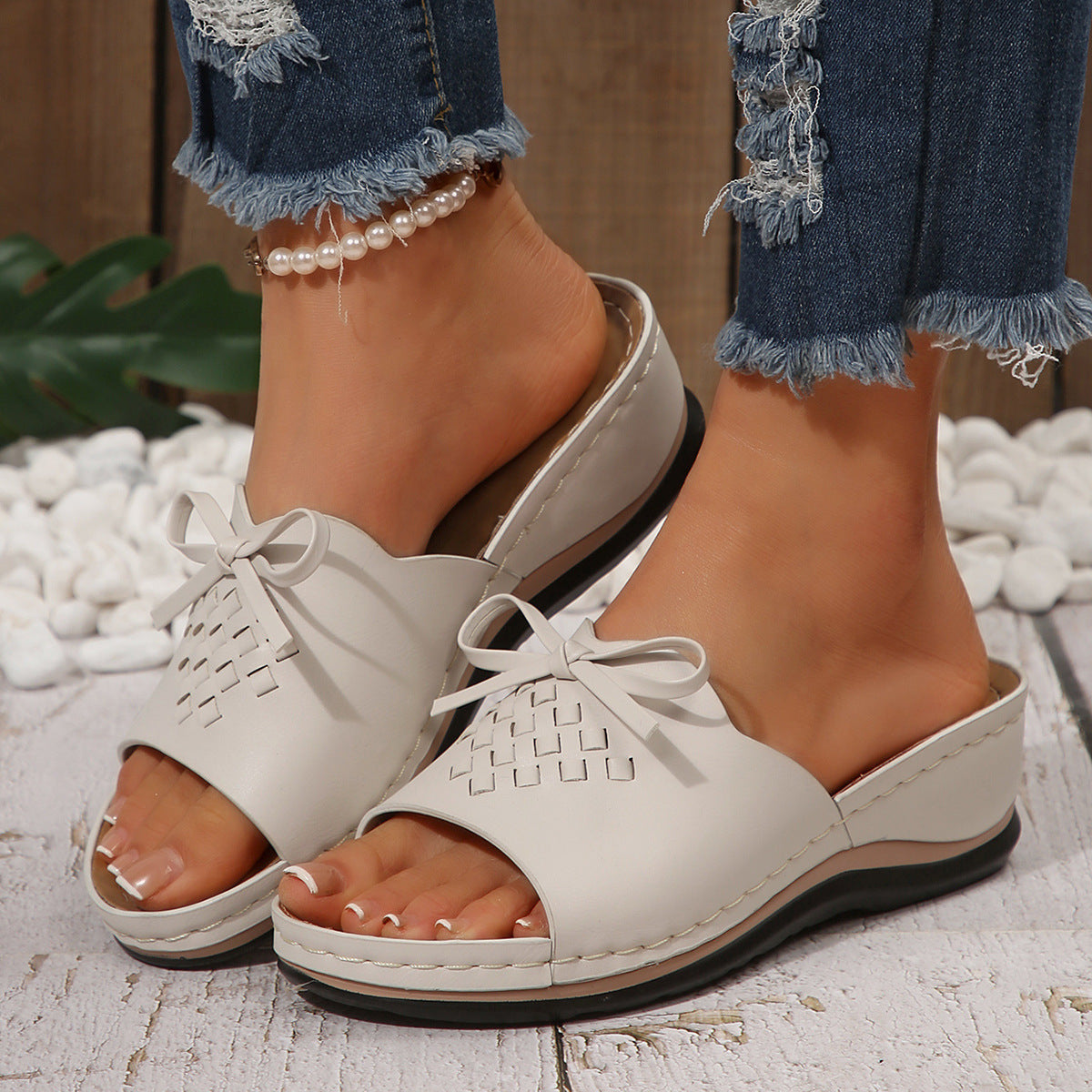 Orthopedic Wedge Slide Sandals for Women, Bow Woven Leather Slippers with Arch Support, Non-Slip Comfortable Summer Shoes for Plantar Fasciitis & Flat Feet