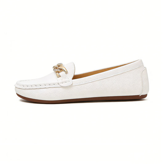 Women's Spring/Autumn Rhinestone Decor Flat Loafers, New Spring/Summer White Lychee Grain Slip-On Loafers With Metal Crystal Chain Decoration, Versatile Outdoor Comfortable Moccasins