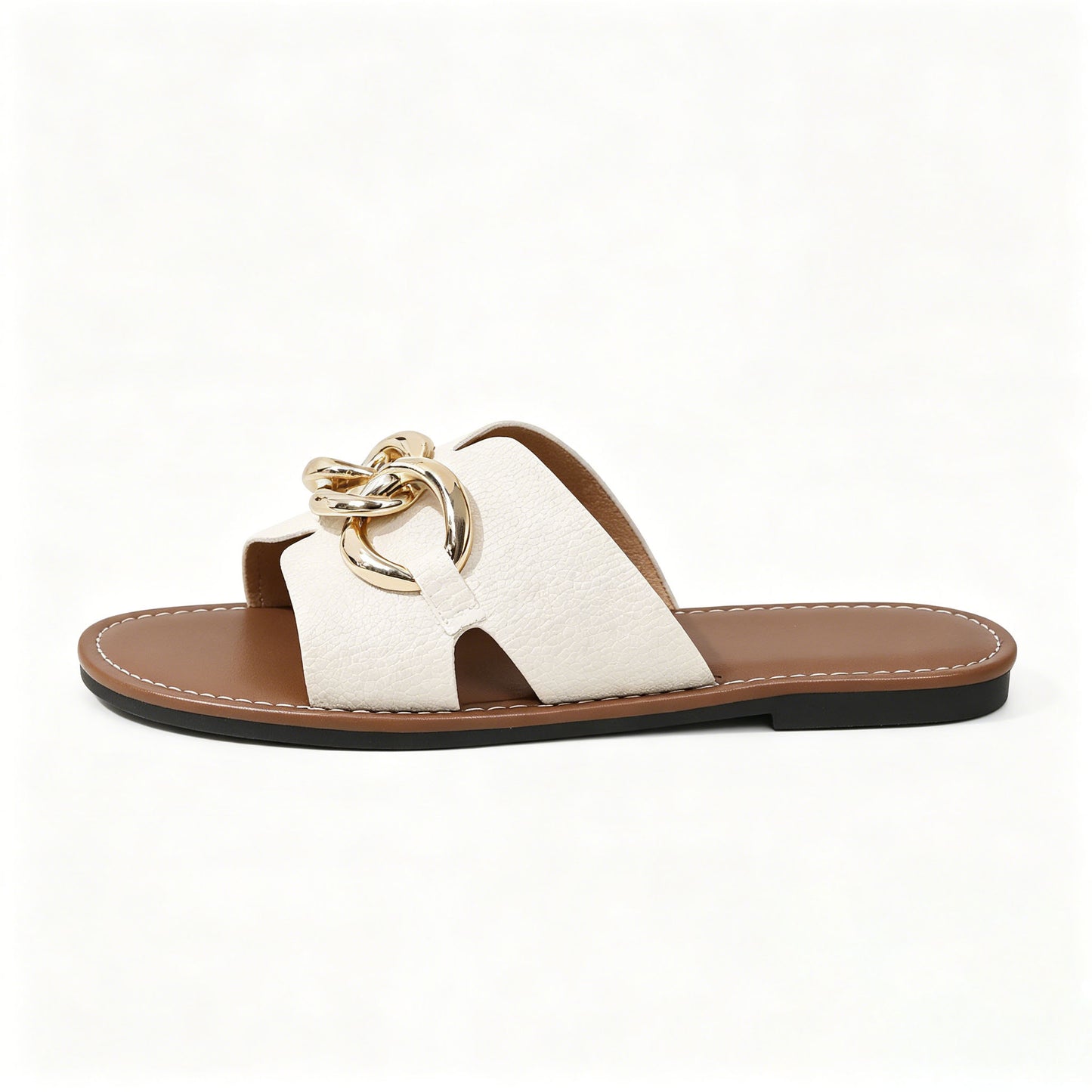 Women's PU flat sandals, stylish open-toe slip-on sandals, adorned with gold chains, non-slip casual sandals.