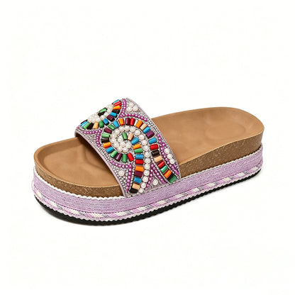 Women's Comfortable Arch Support Sandals, Boho Beaded Slip-on Platform Slides