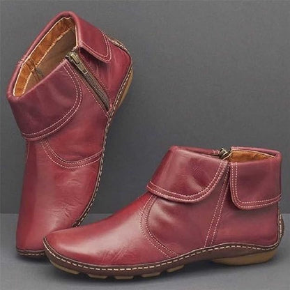 (⏳NOW ON: 70% OFF Sale! 🔥)Retro Women Walking Arch Support Boots Faux Leather Zip Flat Ankle Booties Shoes