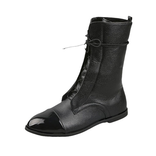 (⏳NOW ON: 70% OFF Sale! 🔥)Women’s Tall Lace-Up Fall Boots – Mixed Texture Cap-Toe Short Boots