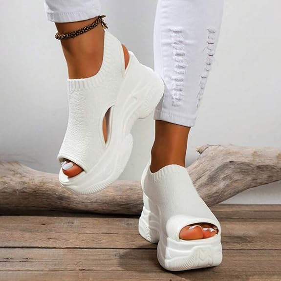 CsgrFagr Thick Soled Sandals for Women Summer Mesh Breathable Fish Mouth Sloping Heel Sandals for Sports and Leisure (White, 7.5)