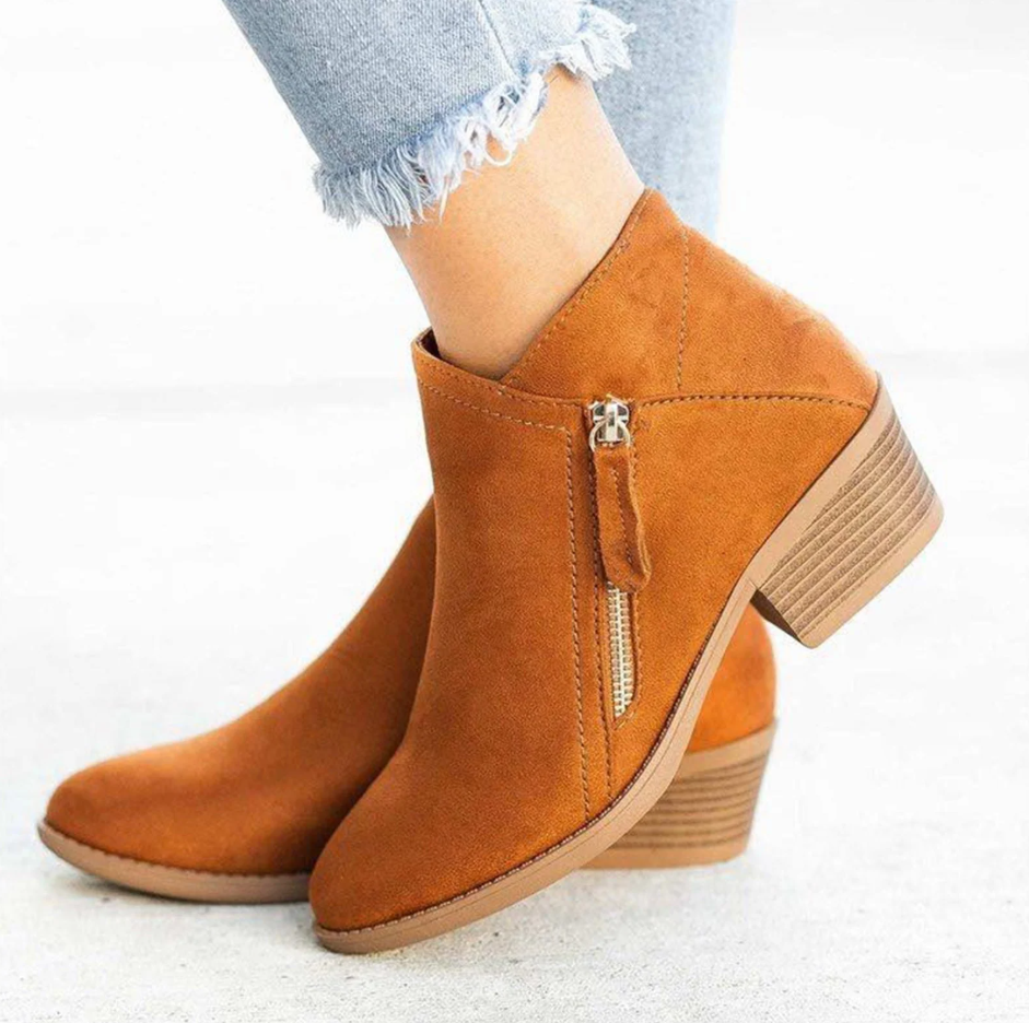 Women's Low-heeled Ankle Boots Vintage Women Slip On Boots Pointed Toe Round Head Thick Heel Short Shoes