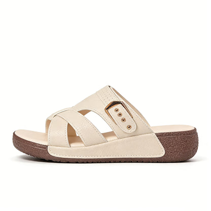 Women's wedge sandals, open-toe design, breathable and non-slip, thick wedge heel, made of PU material, suitable for summer footwear, soft and stylish, with arch support.