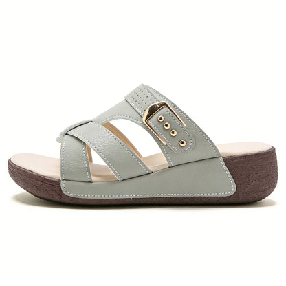 Women's wedge sandals, open-toe design, breathable and non-slip, thick wedge heel, made of PU material, suitable for summer footwear, soft and stylish, with arch support.