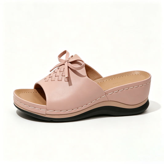 Orthopedic Wedge Slide Sandals for Women, Bow Woven Leather Slippers with Arch Support, Non-Slip Comfortable Summer Shoes for Plantar Fasciitis & Flat Feet