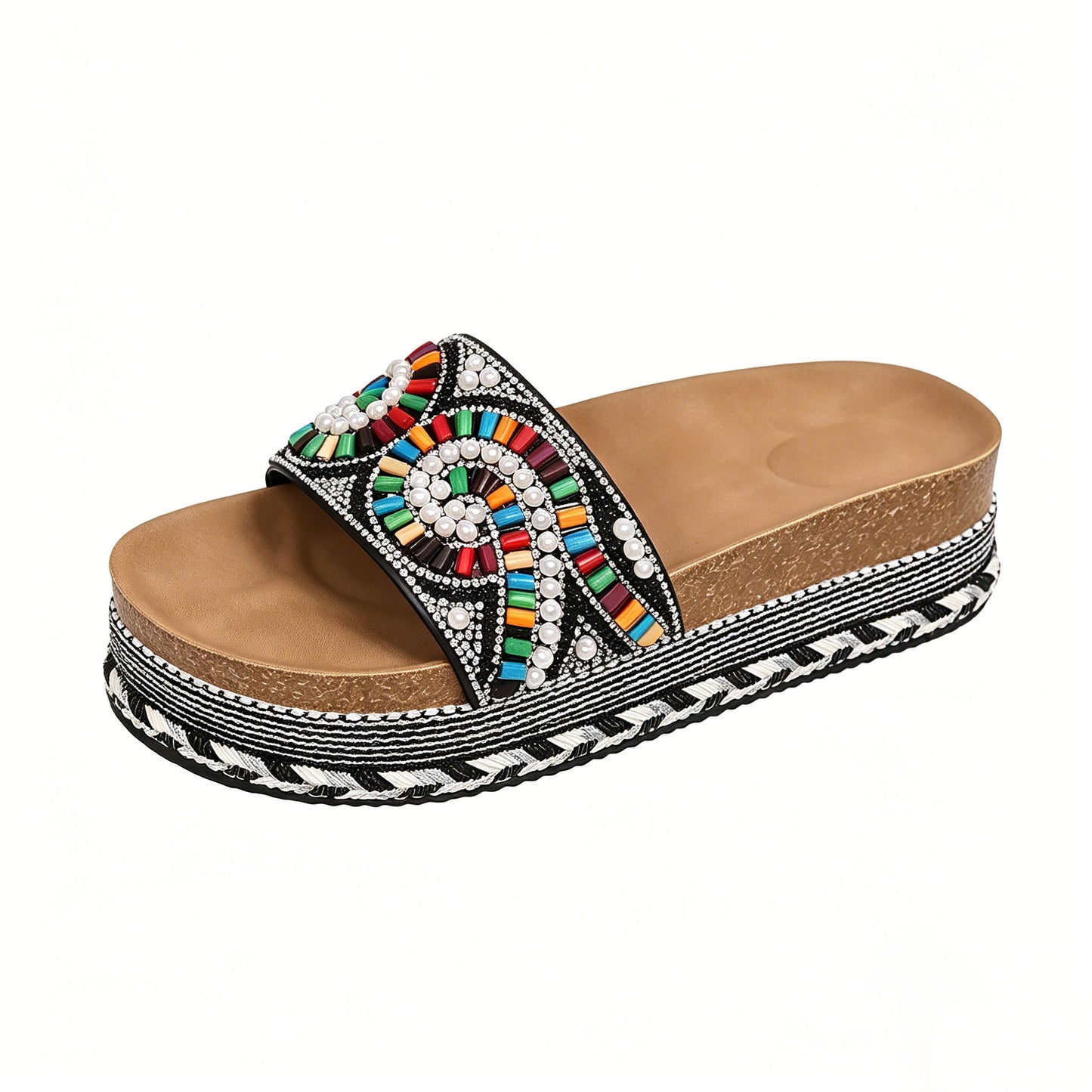 Women's Comfortable Arch Support Sandals, Boho Beaded Slip-on Platform Slides