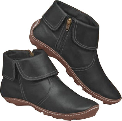 (⏳NOW ON: 70% OFF Sale! 🔥)Retro Women Walking Arch Support Boots Faux Leather Zip Flat Ankle Booties Shoes