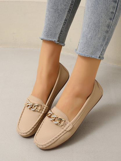 Women's Spring/Autumn Rhinestone Decor Flat Loafers, New Spring/Summer White Lychee Grain Slip-On Loafers With Metal Crystal Chain Decoration, Versatile Outdoor Comfortable Moccasins