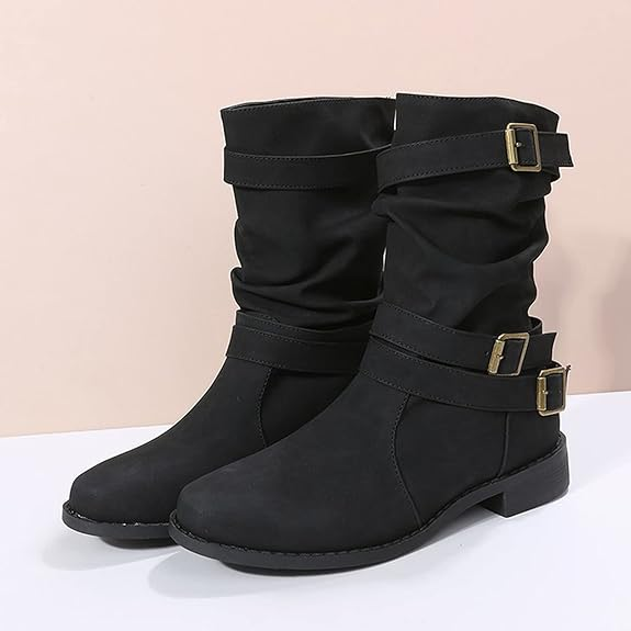 (⏳NOW ON: 70% OFF Sale! 🔥)Fashion Wide Calf Boots Women Leather Square Heels Zipper Round Toe Mid Boots Shoes Outdoor Casual Hiking Boots