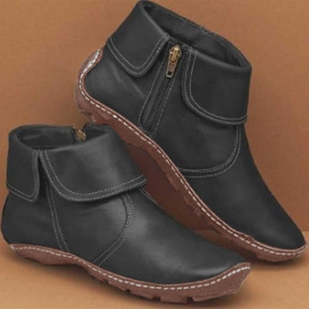 (⏳NOW ON: 70% OFF Sale! 🔥)Retro Women Walking Arch Support Boots Faux Leather Zip Flat Ankle Booties Shoes