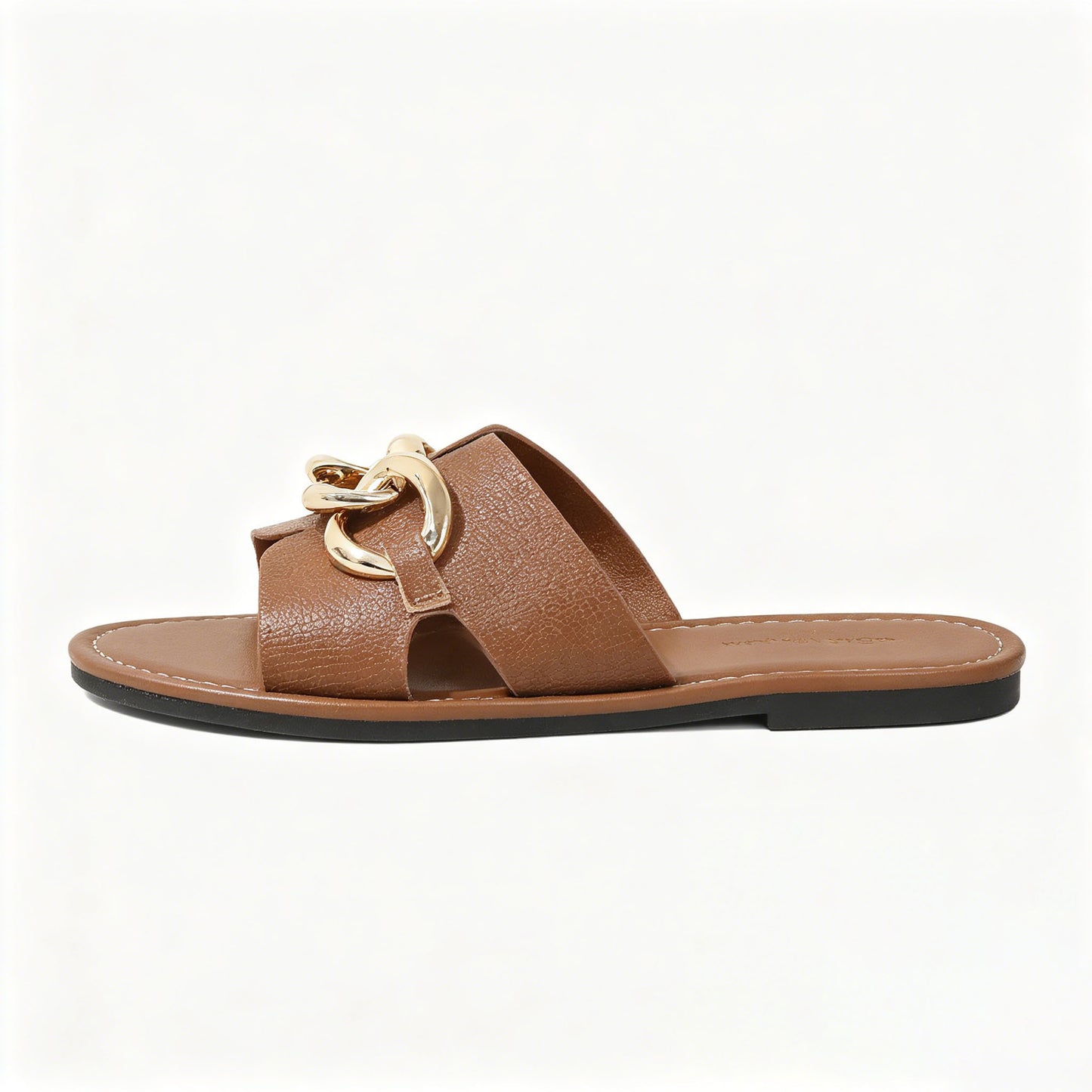 Women's PU flat sandals, stylish open-toe slip-on sandals, adorned with gold chains, non-slip casual sandals.