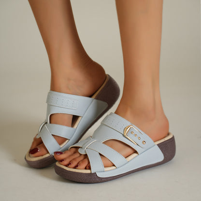 Women's wedge sandals, open-toe design, breathable and non-slip, thick wedge heel, made of PU material, suitable for summer footwear, soft and stylish, with arch support.