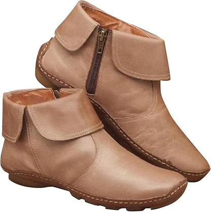 (⏳NOW ON: 70% OFF Sale! 🔥)Retro Women Walking Arch Support Boots Faux Leather Zip Flat Ankle Booties Shoes