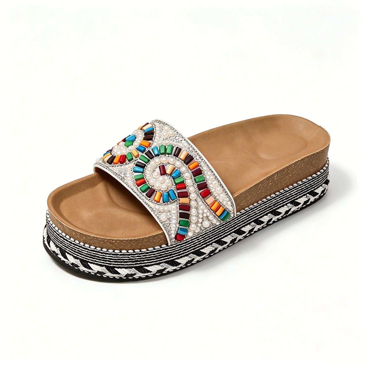 Women's Comfortable Arch Support Sandals, Boho Beaded Slip-on Platform Slides