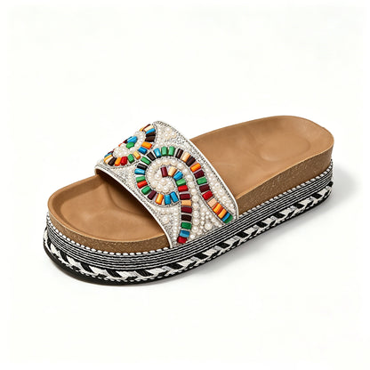 Women's Comfortable Arch Support Sandals, Boho Beaded Slip-on Platform Slides