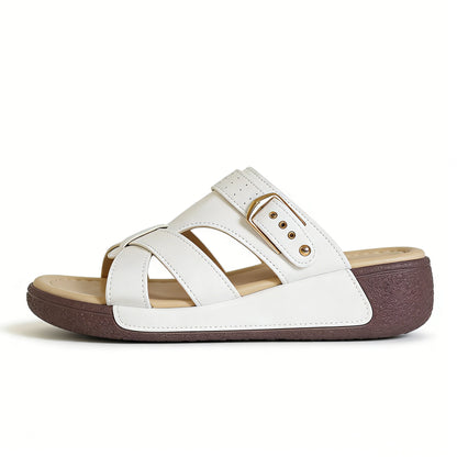 Women's wedge sandals, open-toe design, breathable and non-slip, thick wedge heel, made of PU material, suitable for summer footwear, soft and stylish, with arch support.