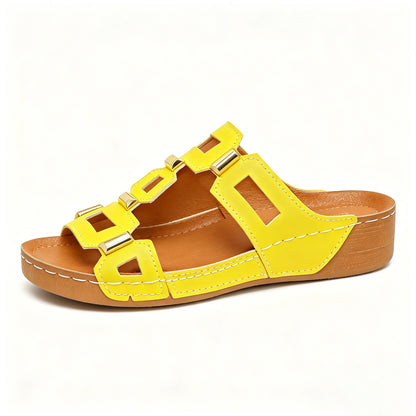 Genuine Leather Arch Support Sandals, Comfort All-Day Multi-Color Hollow Out Summer Slides Slippers