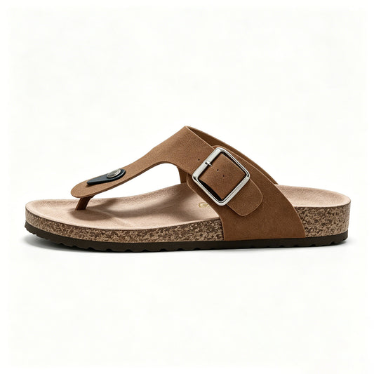 All Day Comfort Genuine Leather Flip Flops | Orthotic Arch Support Cork Footbed Sandals | Multi Color Adjustable Buckle Summer Casual Slippers