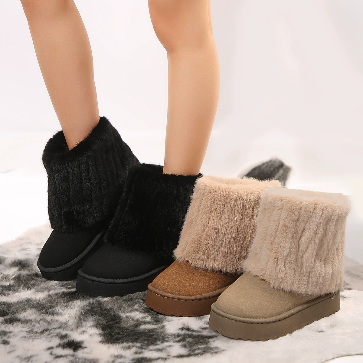 (⏳NOW ON: 70% OFF Sale! 🔥)Women’s Faux Suede Thick Sole Fuzzy Winter Snow Boots Round Toe Casual Warm Shoes