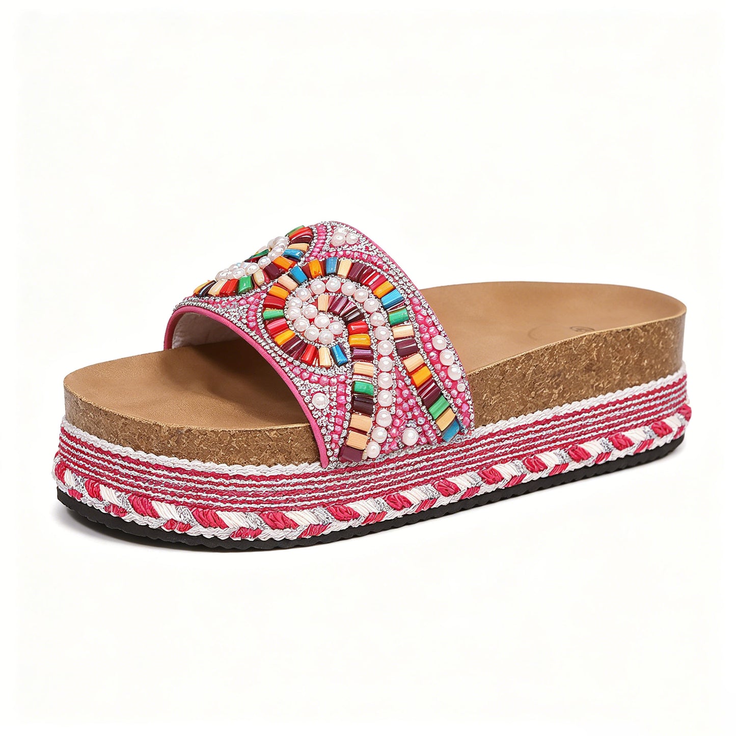 Women's Comfortable Arch Support Sandals, Boho Beaded Slip-on Platform Slides