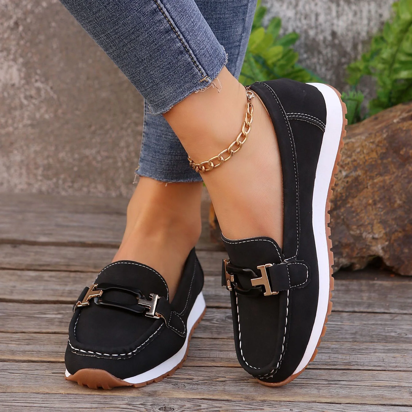 Wowcloth Women's Fashion Casual Loafer Shoes – Comfortable Slip-On Round Toe with Metal Buckle Detail for Spring Summer Footwear,Plus Size