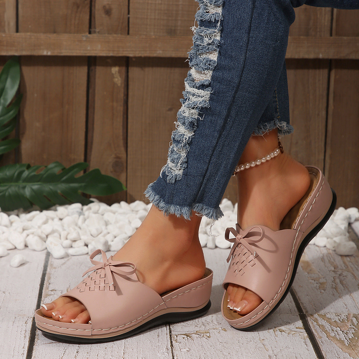 Orthopedic Wedge Slide Sandals for Women, Bow Woven Leather Slippers with Arch Support, Non-Slip Comfortable Summer Shoes for Plantar Fasciitis & Flat Feet
