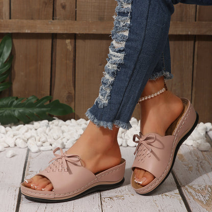 Orthopedic Wedge Slide Sandals for Women, Bow Woven Leather Slippers with Arch Support, Non-Slip Comfortable Summer Shoes for Plantar Fasciitis & Flat Feet