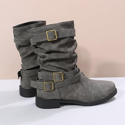 (⏳NOW ON: 70% OFF Sale! 🔥)Fashion Wide Calf Boots Women Leather Square Heels Zipper Round Toe Mid Boots Shoes Outdoor Casual Hiking Boots