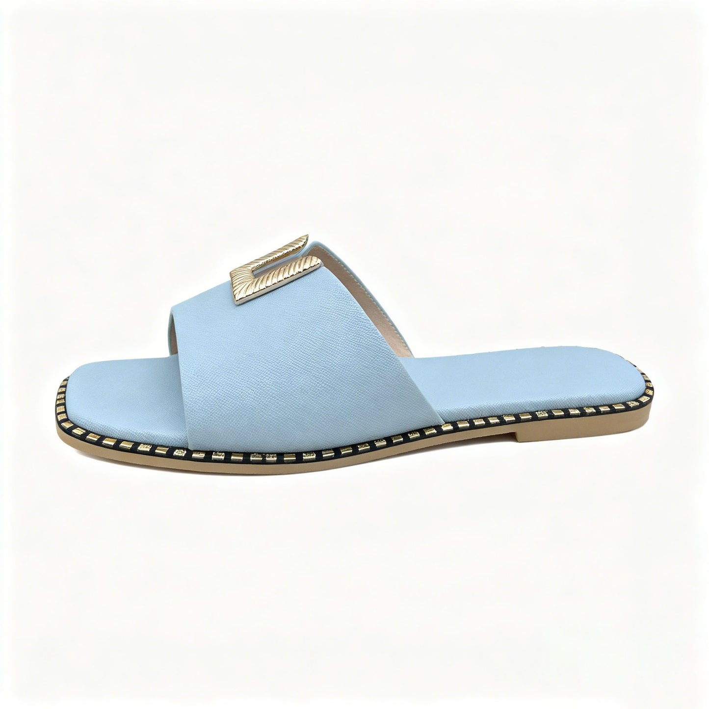 Womens Casual Flat Slide Sandals, Fashion Metal Ornament Soft Comfort Walking Sandals For Beach Shopping Vacation Daily Wear