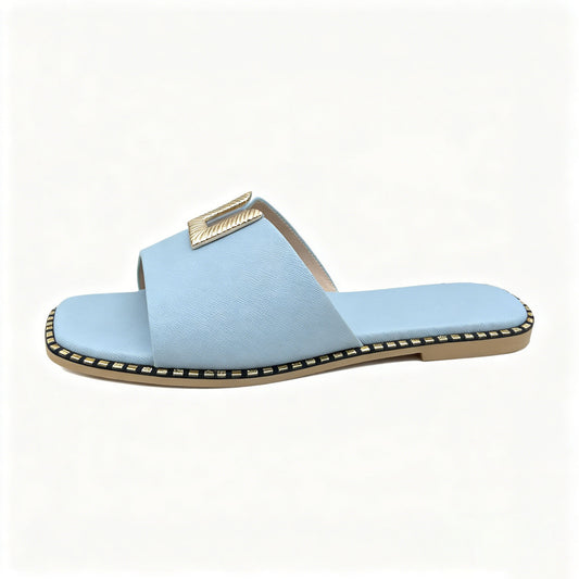 Womens Casual Flat Slide Sandals, Fashion Metal Ornament Soft Comfort Walking Sandals For Beach Shopping Vacation Daily Wear