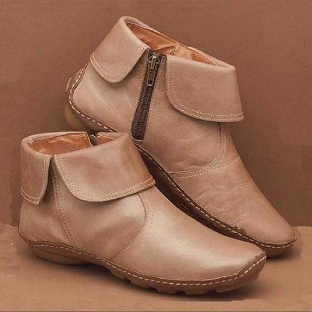 (⏳NOW ON: 70% OFF Sale! 🔥)Retro Women Walking Arch Support Boots Faux Leather Zip Flat Ankle Booties Shoes