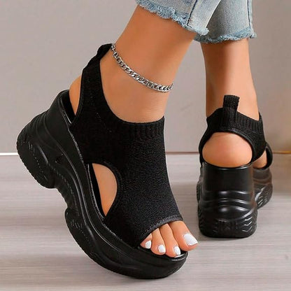 CsgrFagr Thick Soled Sandals for Women Summer Mesh Breathable Fish Mouth Sloping Heel Sandals for Sports and Leisure (White, 7.5)