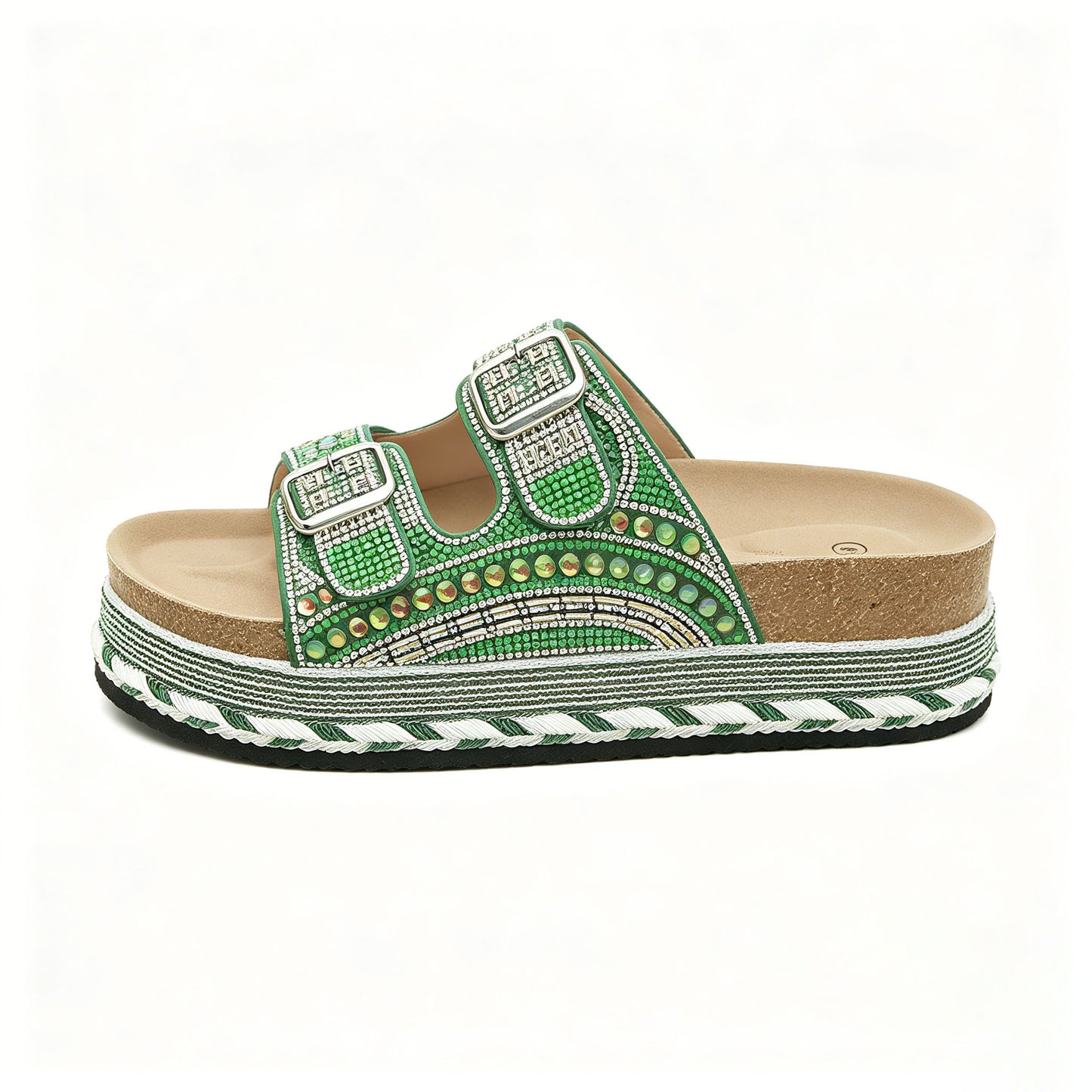 Women's Boho Beaded Rhinestone Platform Slides, Cork Footbed Adjustable Buckle Wedge Sandals