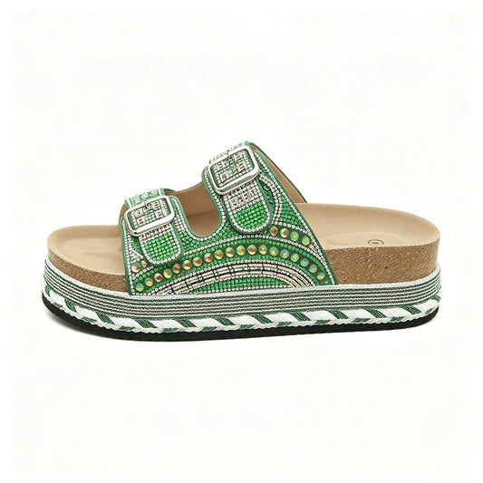 Women's Boho Beaded Rhinestone Platform Slides, Cork Footbed Adjustable Buckle Wedge Sandals