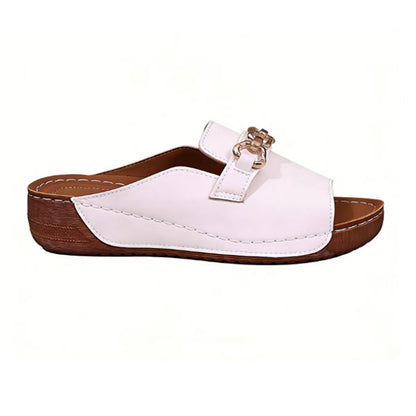 Metallic Buckle Wedge Mules – Easy Slip-On with Arch Support