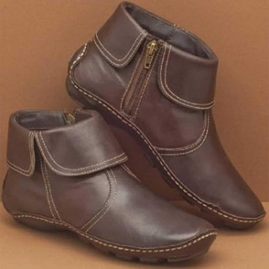 (⏳NOW ON: 70% OFF Sale! 🔥)Retro Women Walking Arch Support Boots Faux Leather Zip Flat Ankle Booties Shoes