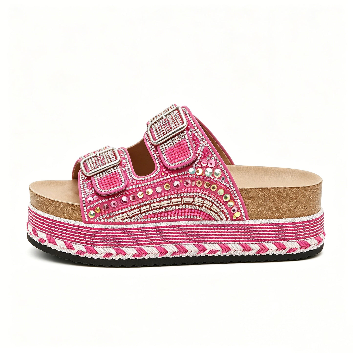 Women's Boho Beaded Rhinestone Platform Slides, Cork Footbed Adjustable Buckle Wedge Sandals