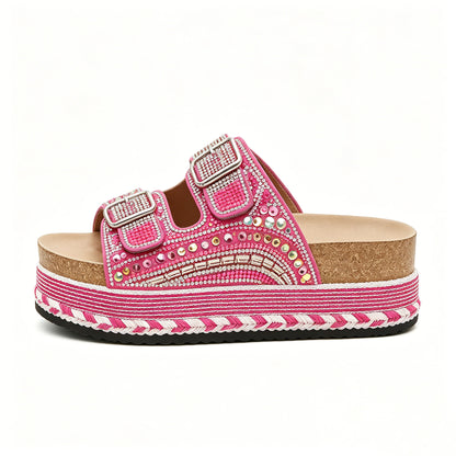 Women's Boho Beaded Rhinestone Platform Slides, Cork Footbed Adjustable Buckle Wedge Sandals